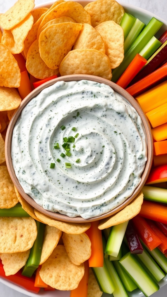 Creamy spinach dip in a bowl with vegetables and chips on the side.